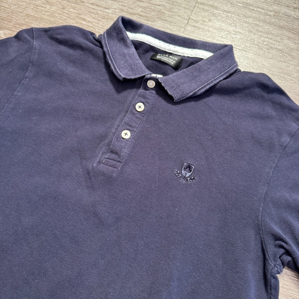 Zara Man Polo Mens Medium Navy Blue Cotton Crest Logo Preppy Summer Casual Shirt